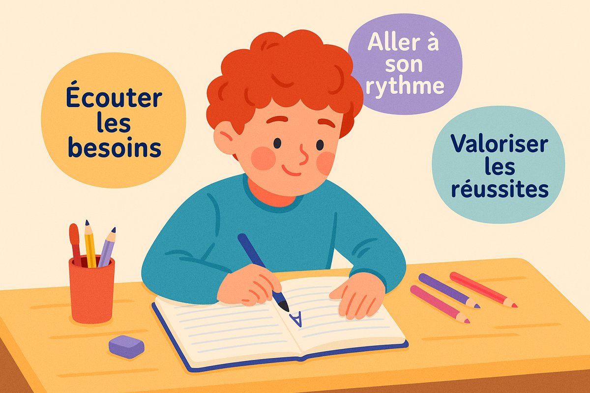 Enfant DYS concentré sur l’écriture dans un cahier, entouré de messages positifs et bienveillants – ETEA