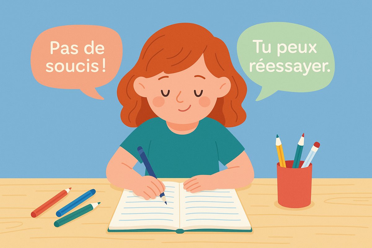 Enfant souriant en train d’écrire dans un cahier, entouré de messages bienveillants – droit à l’erreur ETEA